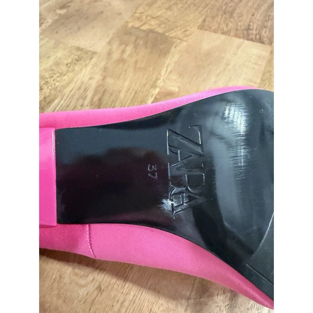 Zara Fuscia Hot  Pink Satin High Heels Pointed Toe Love Pumps Shoes Sz 37/US 6.5
